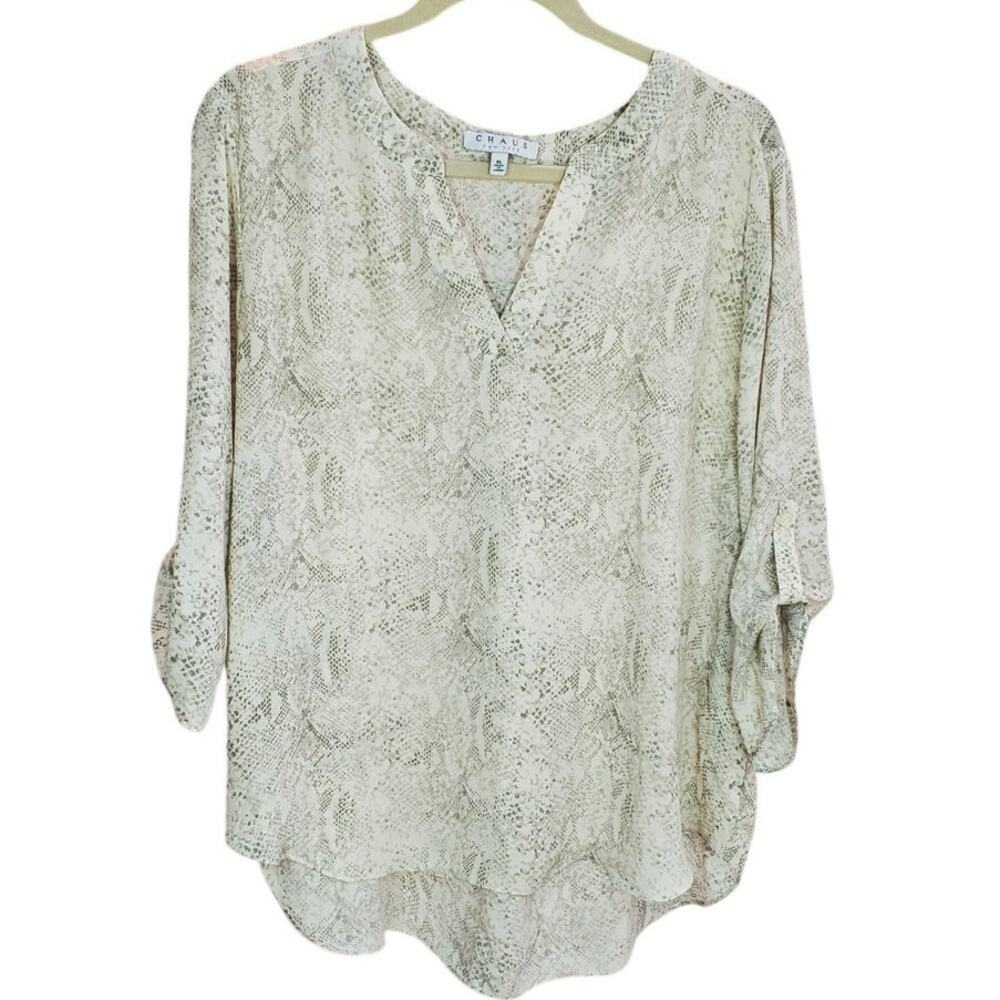 Chaus Gray Snake Print Roll Tab Blouse XL